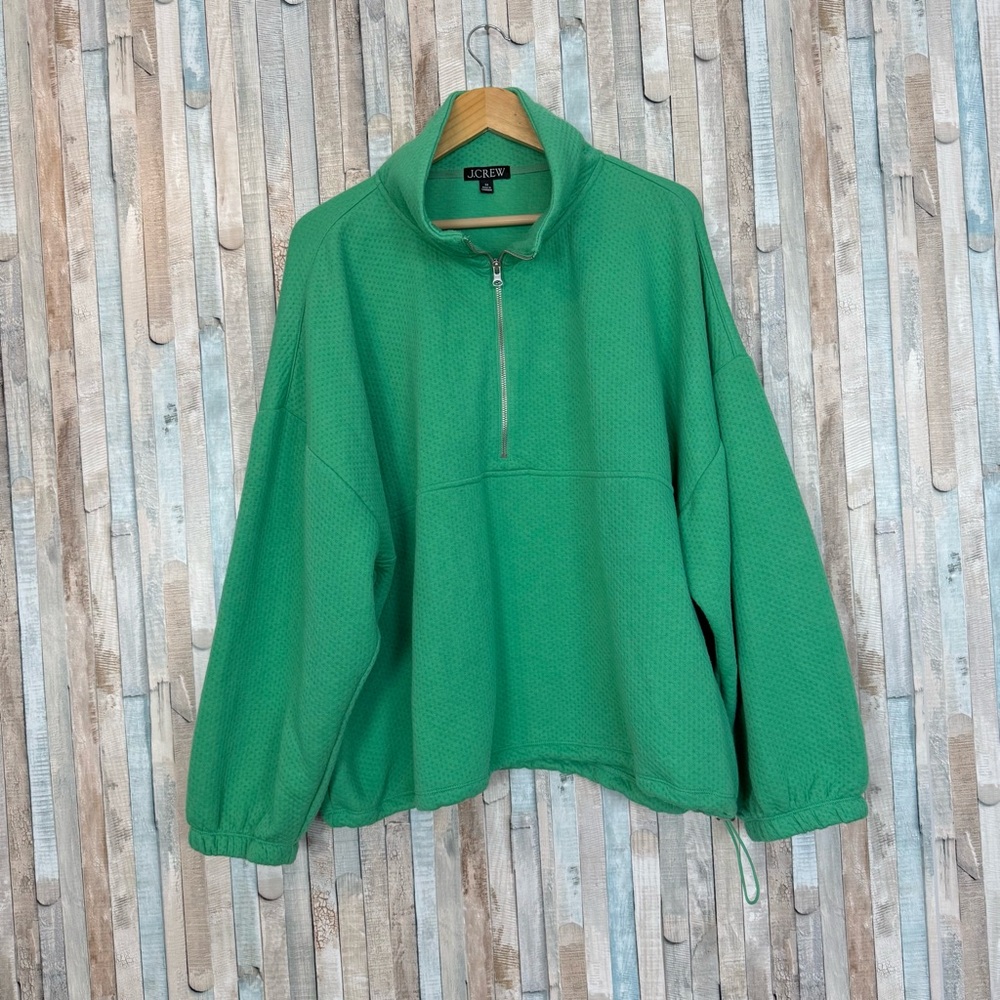 J Crew 3X Green Terry Half Zip Pointelle Textured Knit Sweatshirt Pullover Top